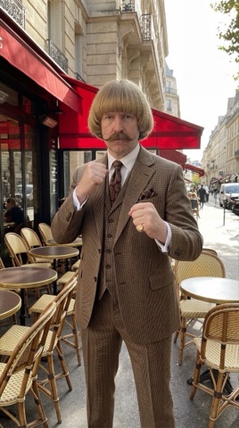 Café terrace scene with the fictional Jean-style gentleman