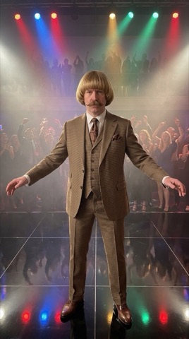 Dance-battle stage scene with the fictional Jean-style gentleman